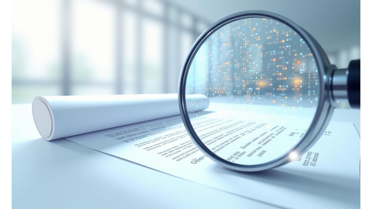 Illustration of a legal document with a magnifying glass, symbolizing clarity and transparency.